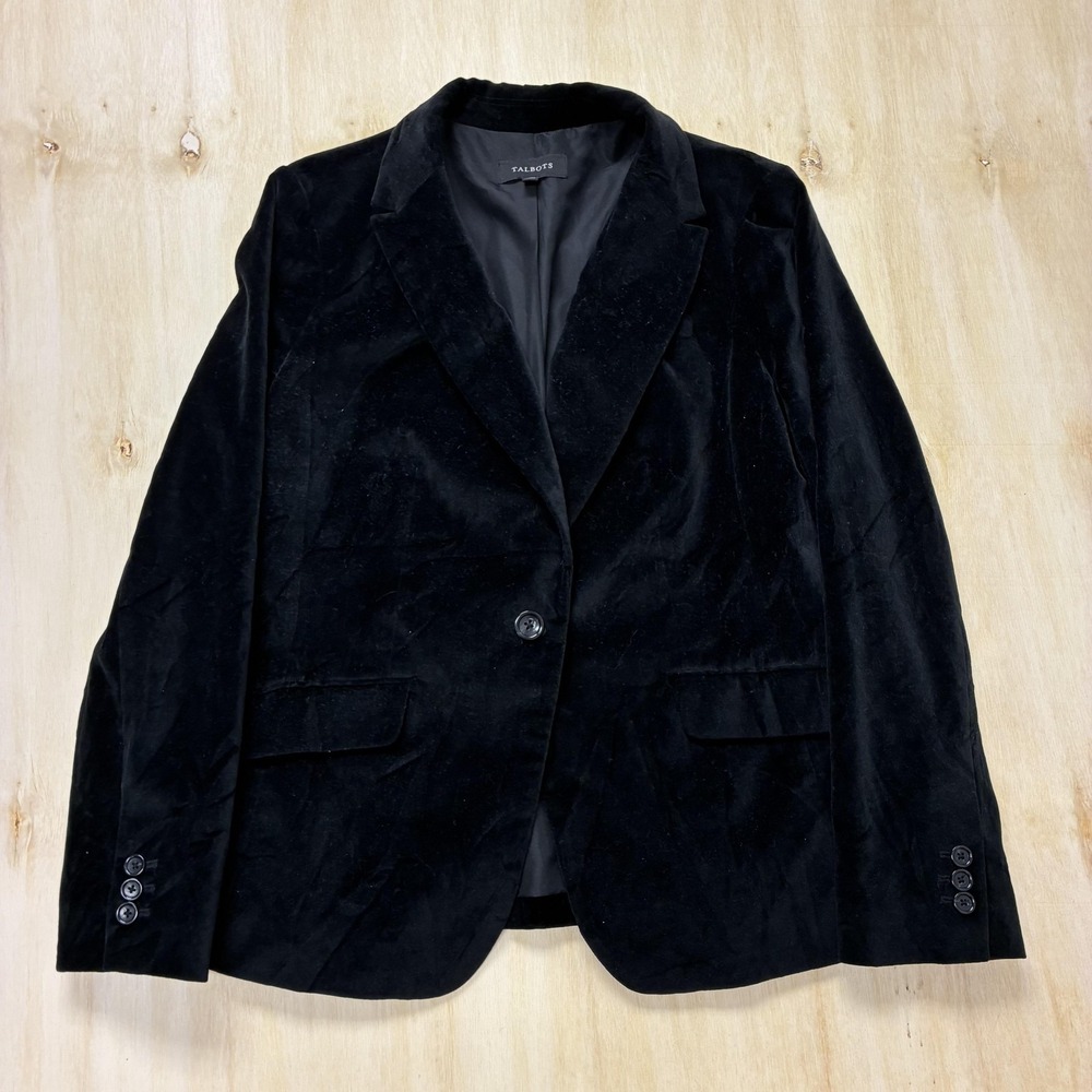 Talbots Blazer Jacket Womens 14 Black Velvet One Button Lined Career Work Office